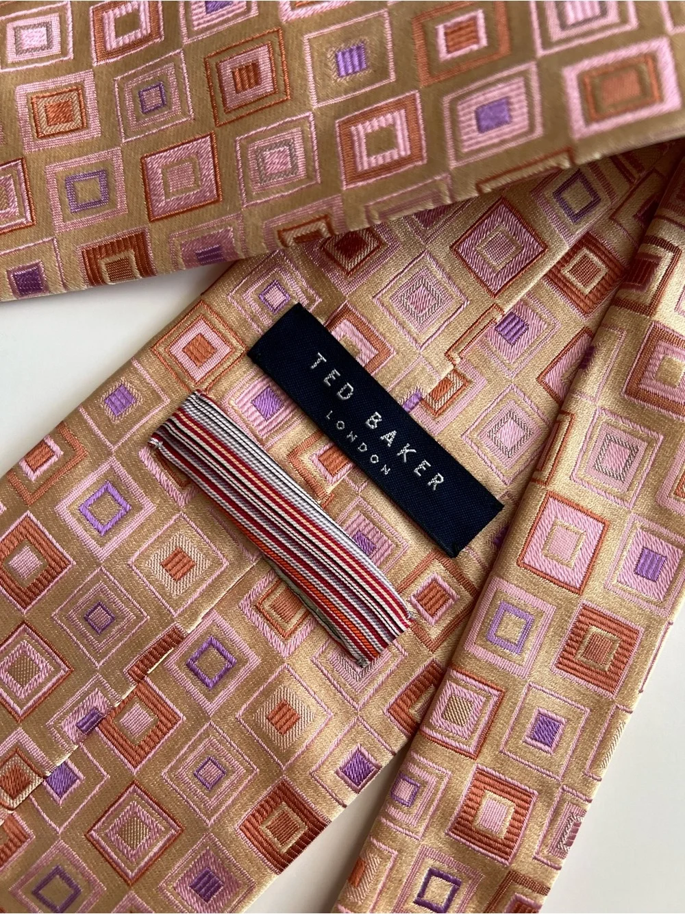 Ted Baker London Tie Necktie Orange Beige Geometric 100% Silk  Hand Tailored USA
